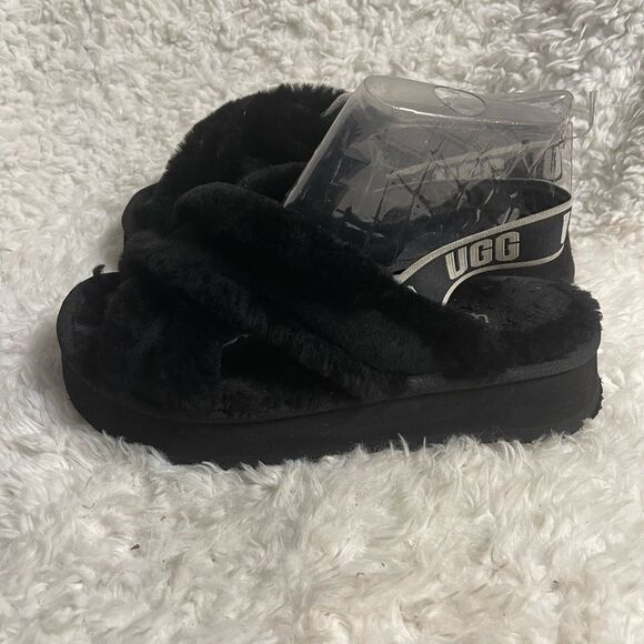 UGG Disco platform Cross Genuine Shearling Fuzzy Black Slide Sandals SZ10 . - Picture 5 of 16